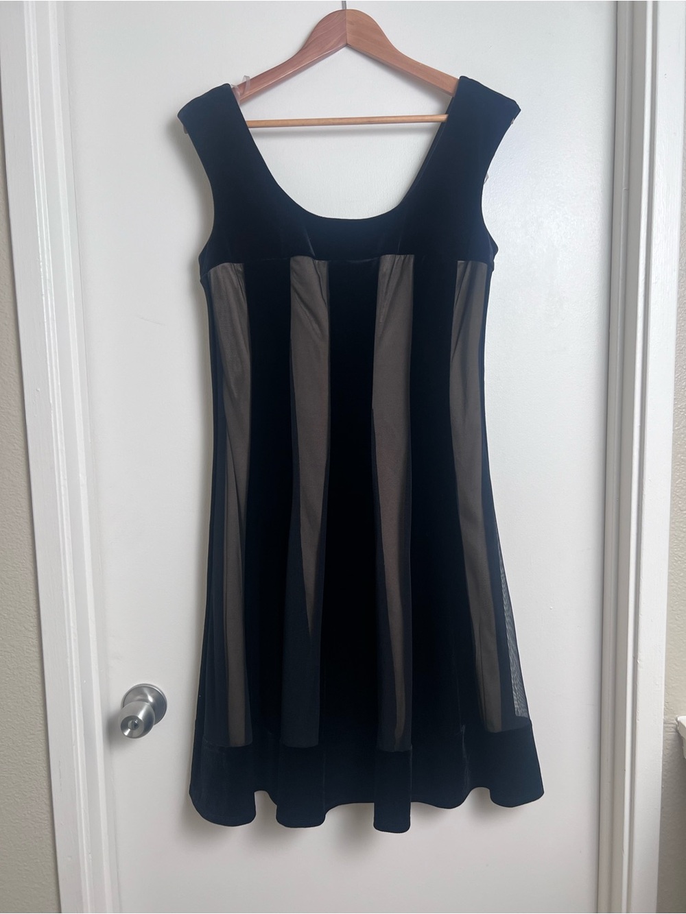 Connected Apparel Black Velvet & Sheer Mesh Fit Flare Dress Size 12